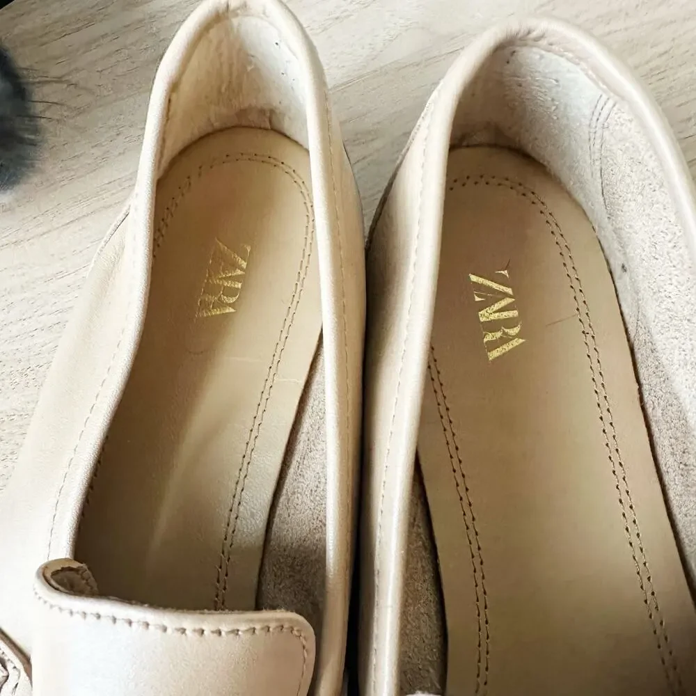 Zara Cream Leather Horsebit Loafers Gold Buckle Flat Shoes EUR 42 US Womens 11